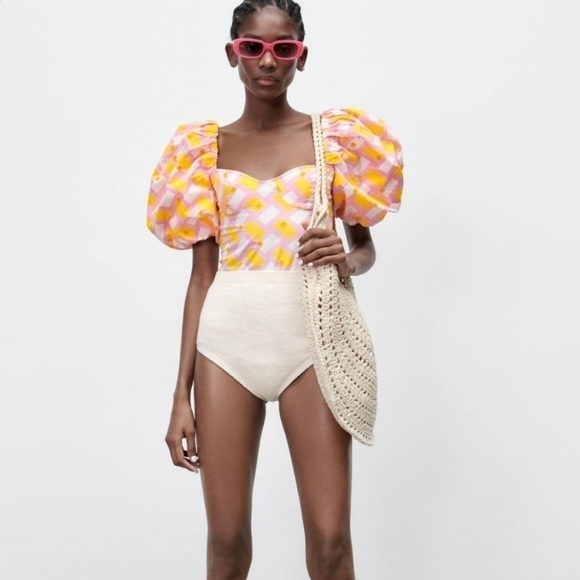 New Zara Poplin Floral Embroidery Barbie Pink Geo Print Bodysuit/Top NWT Small - Picture 8 of 17